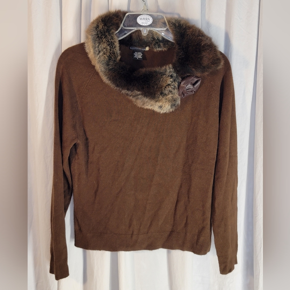 Chocolate Brown Sweater with Faux Fur Collar & Leather Rose